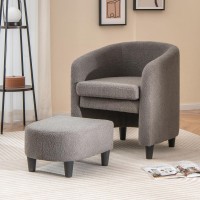 Giantex Modern Mid Century Accent Chair with Ottoman, Upholstered Sherpa Club Chair w/Soft Teddy Velvet, Solid Wood Frame, Comfy Barrel Chair for Small Spaces, Living Room, Bedroom (Grey)