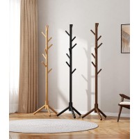 Kskspe Wooden Coat Rack Coat Rack Stand With 4 Height Options 8 Hooks Sturdy Freestanding Coat Rack For Clothes Bags Hats Tree C