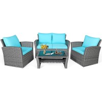 Dortala 4 Pieces Patio Furniture Sets, Outdoor Pe Rattan Conversation Set W/Loveseat, Glass Coffee Table, Cushions, Wicker Sectional Sofa Set For Porch, Balcony, Poolside, Turquoise