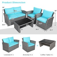 Dortala 4 Pieces Patio Furniture Sets, Outdoor Pe Rattan Conversation Set W/Loveseat, Glass Coffee Table, Cushions, Wicker Sectional Sofa Set For Porch, Balcony, Poolside, Turquoise