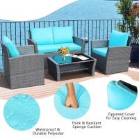 Dortala 4 Pieces Patio Furniture Sets, Outdoor Pe Rattan Conversation Set W/Loveseat, Glass Coffee Table, Cushions, Wicker Sectional Sofa Set For Porch, Balcony, Poolside, Turquoise