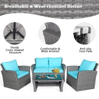 Dortala 4 Pieces Patio Furniture Sets, Outdoor Pe Rattan Conversation Set W/Loveseat, Glass Coffee Table, Cushions, Wicker Sectional Sofa Set For Porch, Balcony, Poolside, Turquoise