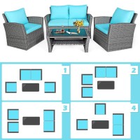 Dortala 4 Pieces Patio Furniture Sets, Outdoor Pe Rattan Conversation Set W/Loveseat, Glass Coffee Table, Cushions, Wicker Sectional Sofa Set For Porch, Balcony, Poolside, Turquoise