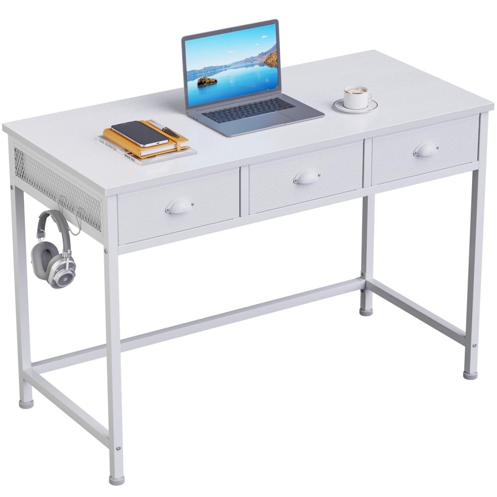 Furologee White Small Computer Desk With 3 Fabric Drawers 40 Inch Simple Home Office Desk Writing Desk With Hooks Study Desk