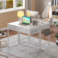 Furologee White Small Computer Desk With 3 Fabric Drawers 40 Inch Simple Home Office Desk Writing Desk With Hooks Study Desk