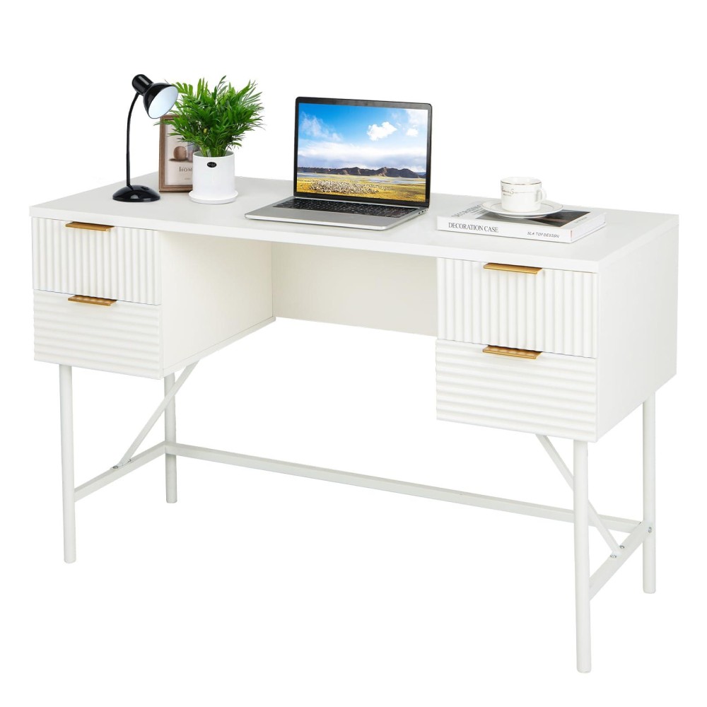 Tangkula White Desk With 4 Drawers, 48 Inch Home Office Desk With Storage, Modern Computer Desk Study Writing Desk With Metal Frame For Bedroom, Study, Office