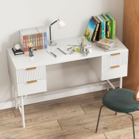 Tangkula White Desk With 4 Drawers, 48 Inch Home Office Desk With Storage, Modern Computer Desk Study Writing Desk With Metal Frame For Bedroom, Study, Office