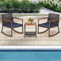 Tangkula 3 Pieces Rocking Bistro Set, Outdoor Rocker Chair with Coffee Table & Cushions, Patio Rattan Furniture Conversation Set for Balcony Porch Poolside (Navy)