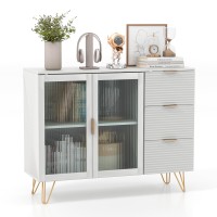 Costway Buffet Cabinet With Storage, Modern Sideboard Storage Cabinet With 2 Glass Doors & 3 Drawers, Gold Metal Legs, Coffee Bar Cabinet For Kitchen, Living Room, Entryway, White