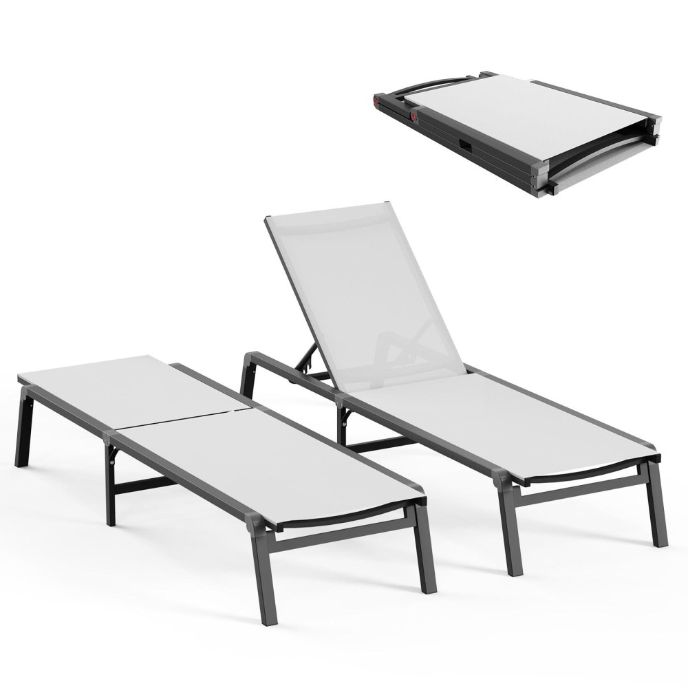 Patio Chaise Lounge Chair Foldable Lounge Chair For Outside Aluminum Chairs Set Of 2 With 5 Adjustable Backrest Outdoor Pool