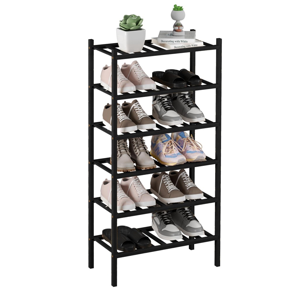 Romguar Craft 6Tier Bamboo Small Shoe Rack Free Standing Wood Shoe Shelf Storage Organizer For Closet Entryway Stackable Blac