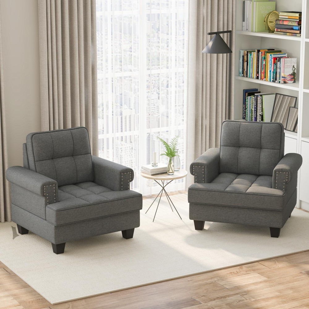 Giantex Mid Century Modern Accent Chair Set Of 2, Tufted Linen Single Sofa Chair W/Thick Pillow, Cushion, Solid Rubber Wood Frame, Studded Upholstered Reading Arm Chair For Living Room, Bedroom, Grey