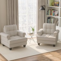 Giantex Mid Century Modern Accent Chair Set Of 2, Tufted Linen Single Sofa Chair W/Thick Pillow, Cushion, Solid Rubber Wood Frame, Studded Upholstered Reading Arm Chair For Living Room, Bedroom, Beige