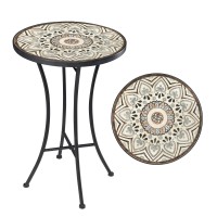 Vipush Mosaic Outdoor Side Table 14 Round Folding End Table Patio Accent Table Indoor Plant Stand For Living Room Geramic Ta