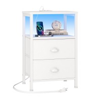 Furologee Nightstand With Charging Station End Table With Led Lights Bedside Table With Fabric Drawers And Storage Shelf Whit