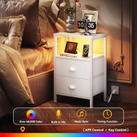 Furologee Nightstand With Charging Station End Table With Led Lights Bedside Table With Fabric Drawers And Storage Shelf Whit