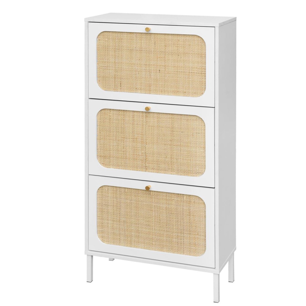 Zehuoge Natural Rattan Shoe Cabinet With 3 Flip Drawers White 3Tier Shoe Rack Storage Cabinet For Heels Boots Slippers Free