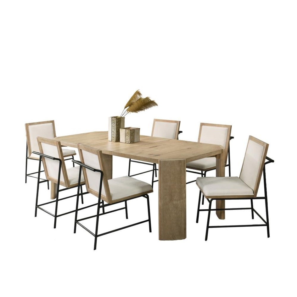 Magnus Oak Finish Extendable Rectangular Dining Table Set with Cream Color Upholstered Chairs