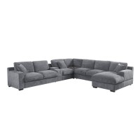 Celine Light Gray Chenille Fabric Corner Sectional Sofa with Right-Facing Chaise, Cupholders, and Charging Ports