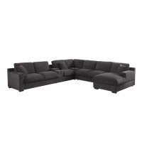 Celine Gray Chenille Fabric Corner Sectional Sofa with Right-Facing Chaise, Cupholders, and Charging Ports