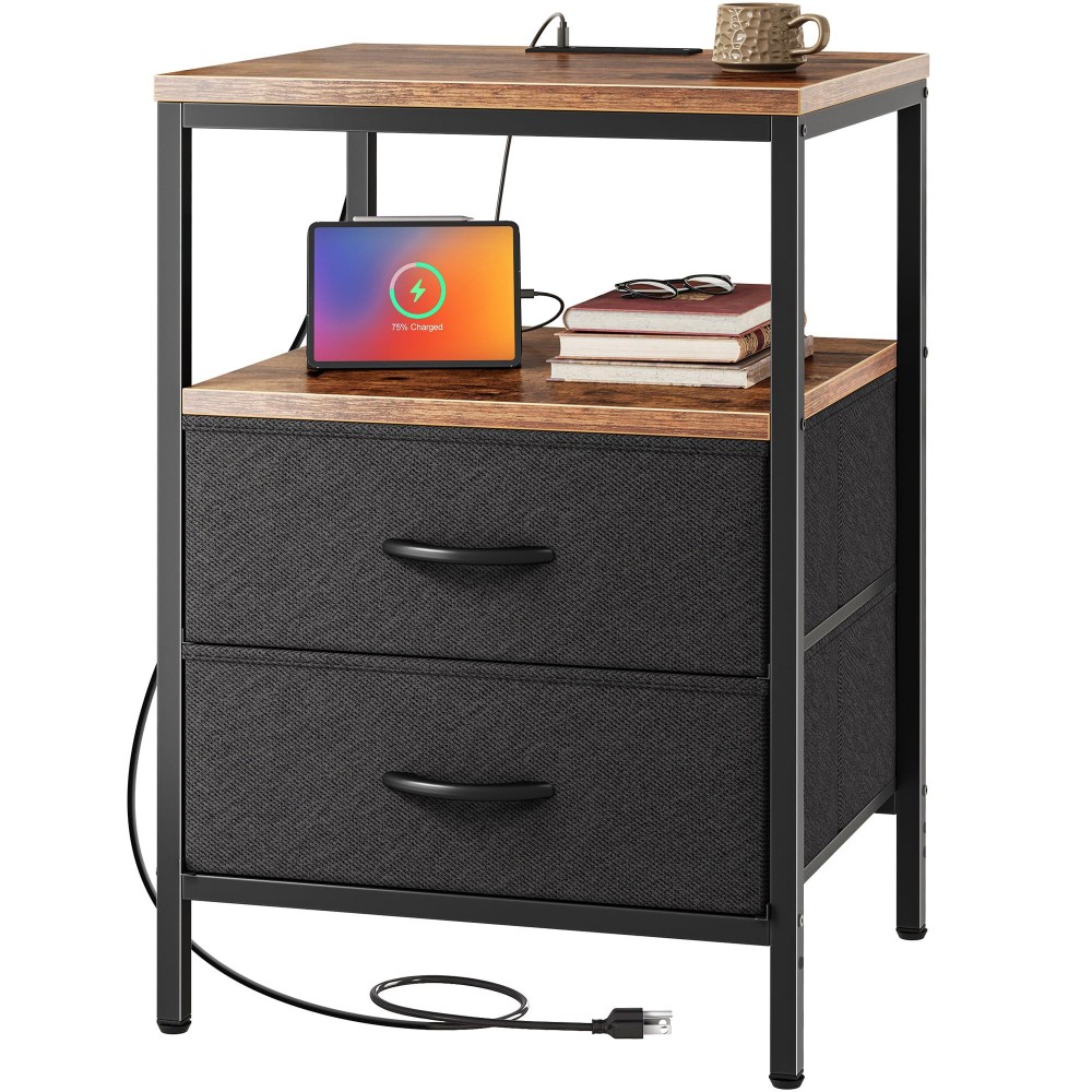 Huuger Night Stand With Charger Station 277 Inch Tall Nightstand Bed Side Table With 2 Fabric Drawers Fabric Drawer Dresser