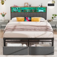 Alohappy Queen Size Bed Frame With Storage Headboard 2 Drawers Upholstered Bed Frame Queen Size With Led Light Charging Station