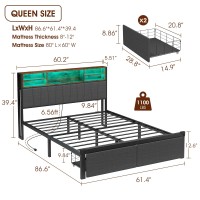 Alohappy Queen Size Bed Frame With Storage Headboard 2 Drawers Upholstered Bed Frame Queen Size With Led Light Charging Station