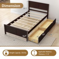 Komfott Twin Size Wood Bed Frame With 2 Storage Drawers, Mid Century Platform Bed Frame With Headboard, Sturdy Wooden Slats Support, Modern Mattress Foundation, No Box Spring Required, Easy Assembly