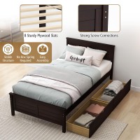 Komfott Twin Size Wood Bed Frame With 2 Storage Drawers, Mid Century Platform Bed Frame With Headboard, Sturdy Wooden Slats Support, Modern Mattress Foundation, No Box Spring Required, Easy Assembly