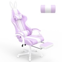 Ferghana Kawaii Light Purple Gaming Chair With Bunny Ears Ergonomic Cute Gamer Chair With Footrest And Massage Racing Reclinin