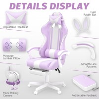 Ferghana Kawaii Light Purple Gaming Chair With Bunny Ears Ergonomic Cute Gamer Chair With Footrest And Massage Racing Reclinin