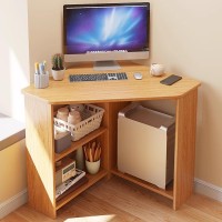Altsuceser Corner Desk, Small Desk With Drawers And Open Shelves, Wooden Small Space Industrial Computer Desk, Triangle Desk With Storage For Home Office, Workstation, Bedroom Light Brown