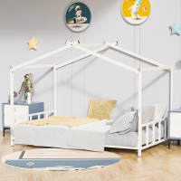 Oudiec Full Size Montessori Floor Bed For Kids Bedroom, Full Floor Bed With Slats & Roof Design,Space Saving Design & No Box Spring Needed, White