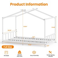 Oudiec Full Size Montessori Floor Bed For Kids Bedroom, Full Floor Bed With Slats & Roof Design,Space Saving Design & No Box Spring Needed, White