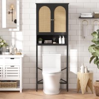 Fivewillowise Rattan Toilet Storage Cabinet Over The Rack Wood Cabinet With Metal Stand Bathroom Organizer With Adjustable She