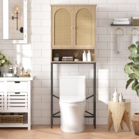 Fivewillowise Rattan Toilet Storage Cabinet Over The Rack Wood Cabinet With Metal Stand Bathroom Organizer With Adjustable She