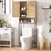 Fivewillowise Rattan Toilet Storage Cabinet Over The Rack Wood Cabinet With Metal Stand Bathroom Organizer With Adjustable She