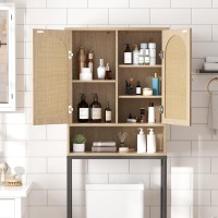 Fivewillowise Rattan Toilet Storage Cabinet Over The Rack Wood Cabinet With Metal Stand Bathroom Organizer With Adjustable She