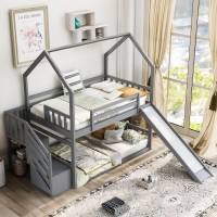 Manystars Twin Over Twin House Bunk Bed With Convertible Slide And Storage Staircase,Gray