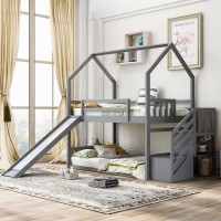 Manystars Twin Over Twin House Bunk Bed With Convertible Slide And Storage Staircase,Gray