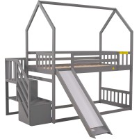 Manystars Twin Over Twin House Bunk Bed With Convertible Slide And Storage Staircase,Gray