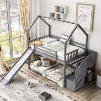 Manystars Twin Over Twin House Bunk Bed With Convertible Slide And Storage Staircase,Gray