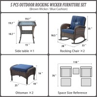 Belord Patio Rocking Chairs Furniture Set - 5 Piece Outdoor Wicker Furniture Sets With Ottomans  Small Patio Conversation Sets With Wicker Rocking Chairs Brown/Blue