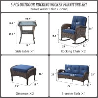 Belord Patio Rocking Chairs Furniture Set Of 6  Outdoor Wicker Furniture Sets With Wicker Rocker  Small Patio Conversation Sets With Outdoor Couch Ottomans Brown/Blue