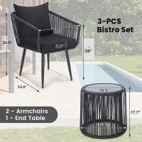 Kromax 3 Pieces Patio Rattan Bistro Conversation Set, Outdoor All-Weather Wicker Furniture Chairs and Side Table Set Ideal for Balcony, Porch and Backyard, Black