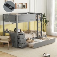Harper & Bright Designs Twin Over Twin Bunk Bed Twin Size Trundle, Wood Twin Bunk Bed with USB Ports, Storage and Desk, Gray
