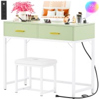 Cyclysio Vanity Desk With Charging Station Cyan Makeup Vanity With Lighted Mirror Trifold 36 Vanity Set With Drawers Vani