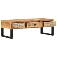 Vidaxl Solid Mango Wood Coffee Table - Industrial Style With 3 Drawers, Steel Legs, Polished And Lacquered, Rustic Brown.