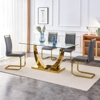 NYEESS 63??Glass Dining Table Set for 4,Gold Dining Room Table Set for 4,Modern Kitchen Table and PU Leather Chairs for 4, Dinner Table with Rectangle Tempered Glass Top and Golden Base