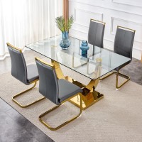 NYEESS 63??Glass Dining Table Set for 4,Gold Dining Room Table Set for 4,Modern Kitchen Table and PU Leather Chairs for 4, Dinner Table with Rectangle Tempered Glass Top and Golden Base